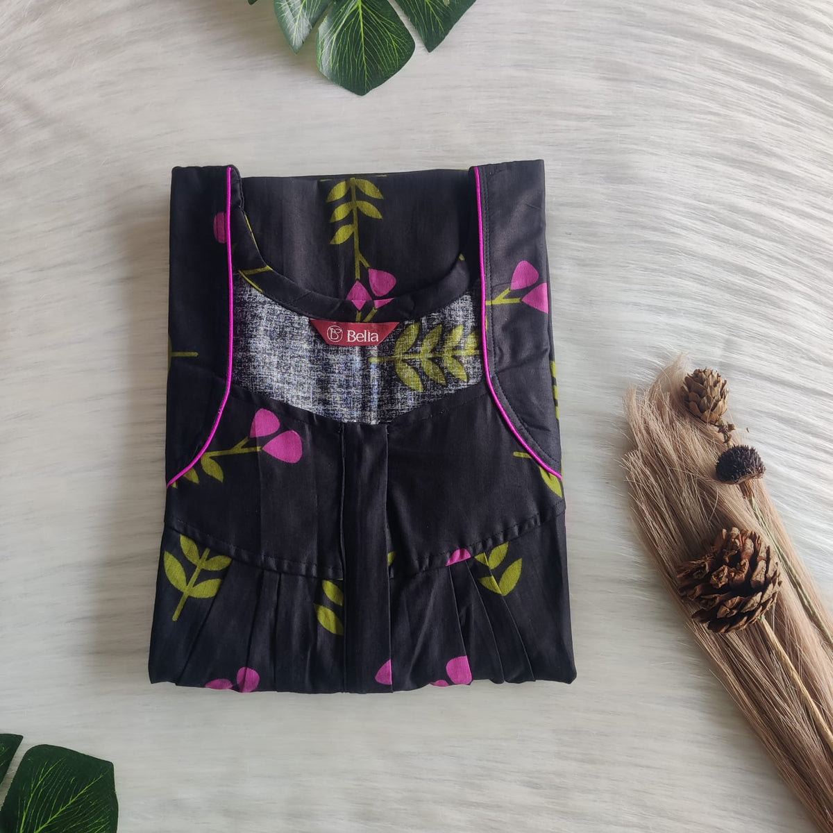 Pink Floral Printed Black Premium Cotton Pleated Zip Nighty | Free Size | Chest Width 44″| Length 54″-55″