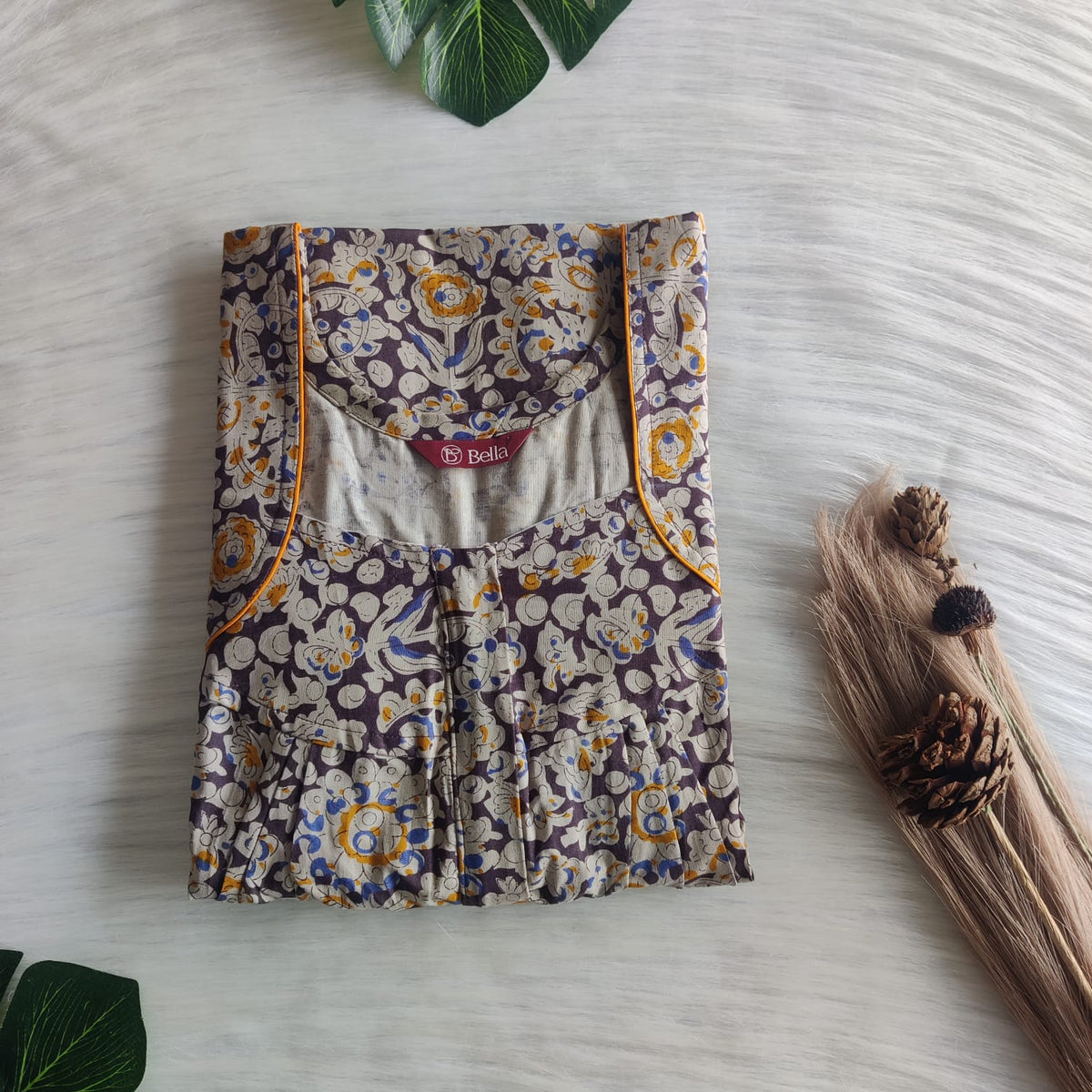 Purple Printed Beige Premium Cotton Pleated Zip Nighty | Free Size | Chest Width 44″| Length 54″-55″