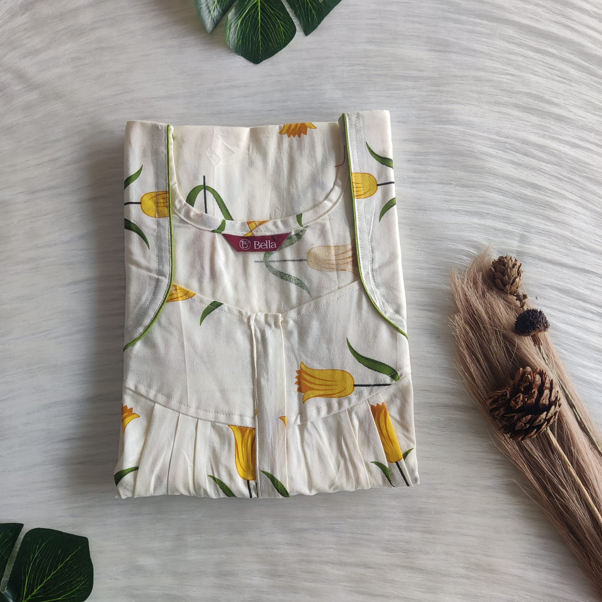 Yellow Tulip Printed Ivory Premium Cotton Pleated Zip Nighty | Free Size | Chest Width 44″| Length 54″-55″