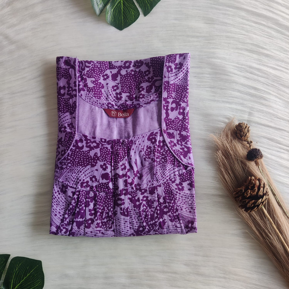 Purple Printed Premium Cotton Pleated Zip Nighty | Free Size | Chest Width 44″| Length 54″-55″