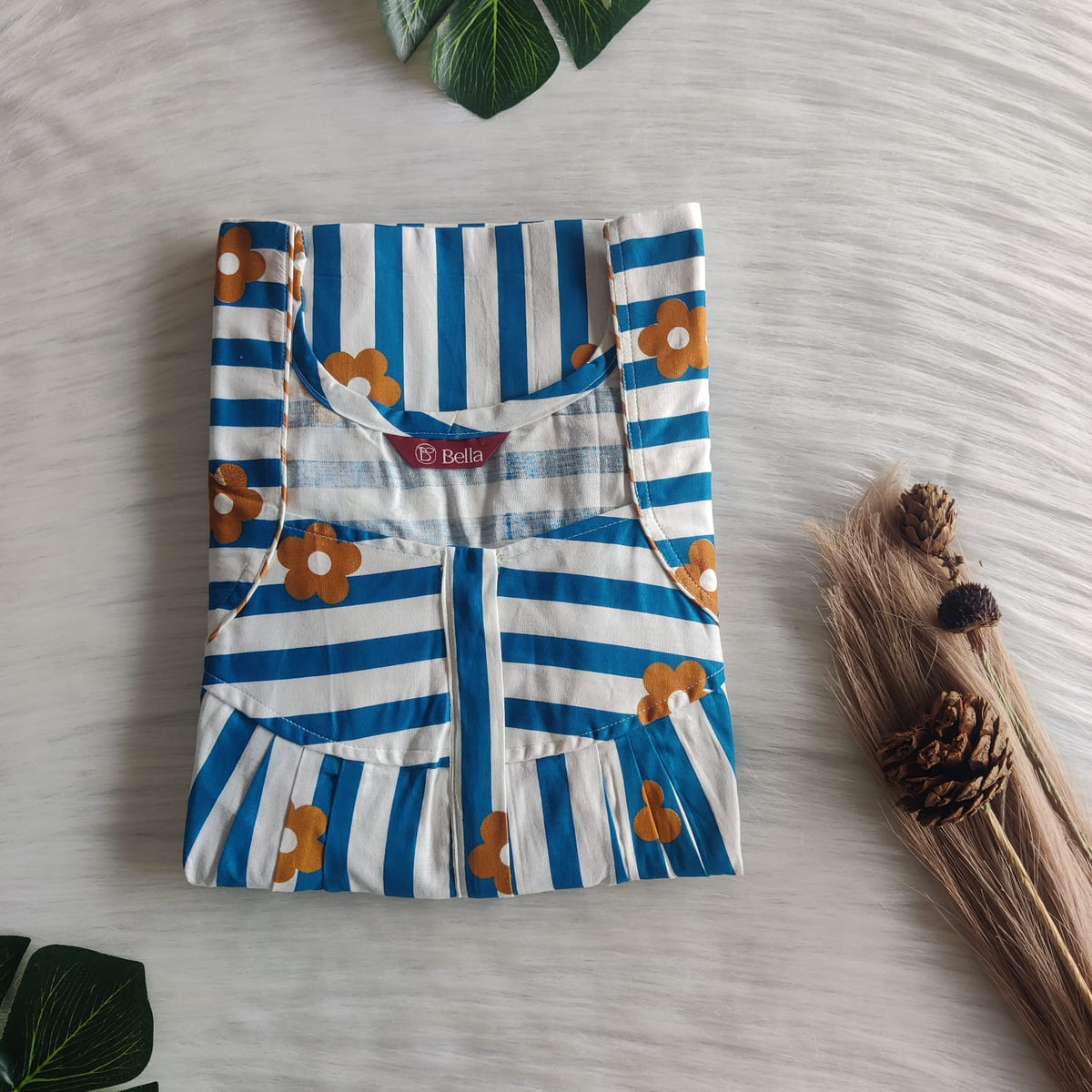 Blue Stripes Printed Premium Cotton Pleated Zip Nighty | Free Size | Chest Width 44″| Length 54″-55″