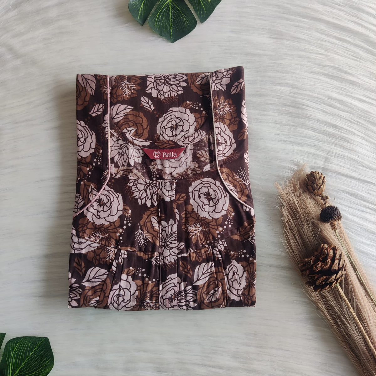 Brown Floral Printed Premium Cotton Pleated Zip Nighty | Free Size | Chest Width 44″| Length 54″-55″
