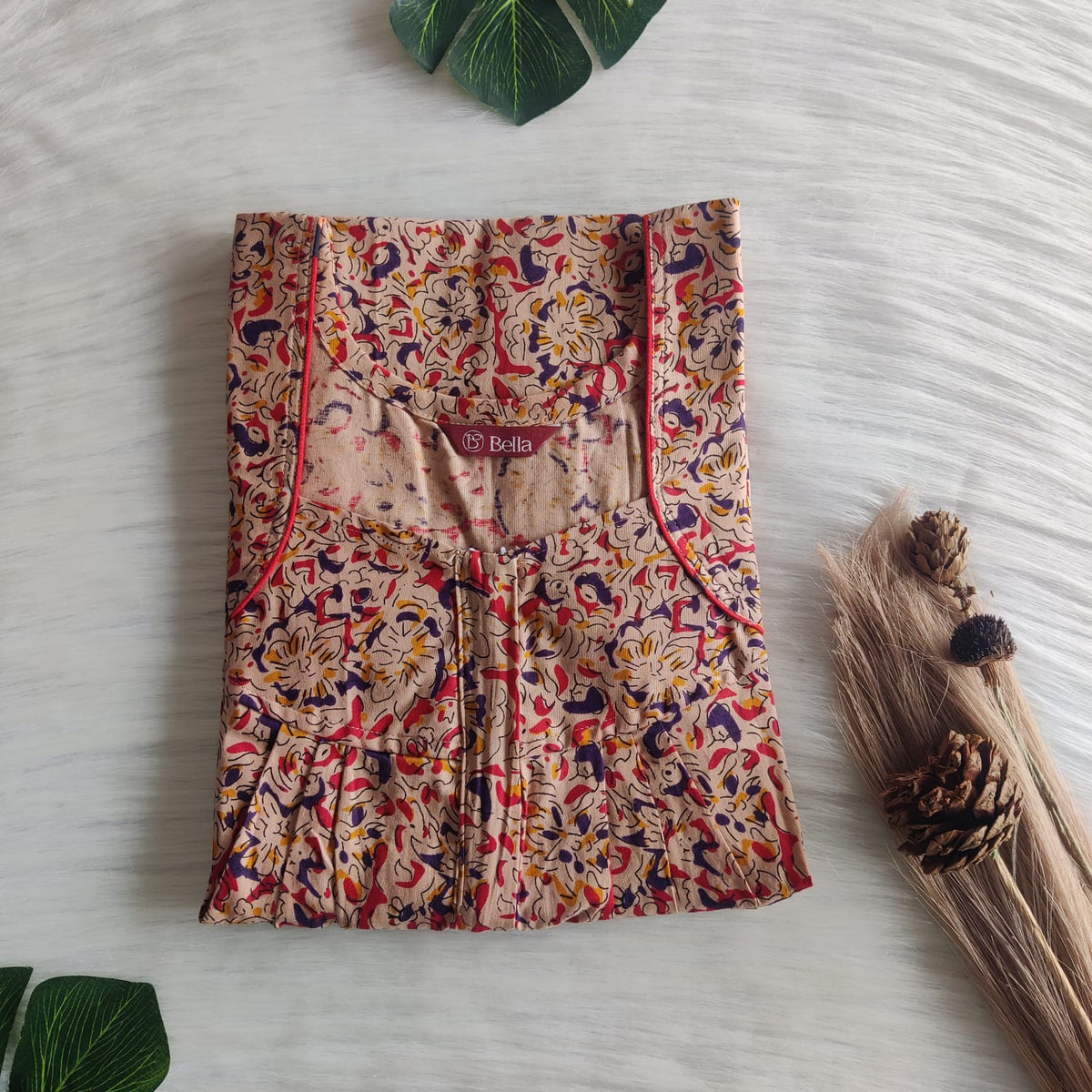 Red And Beige Printed Premium Cotton Pleated Zip Nighty | Free Size | Chest Width 44″| Length 54″-55″