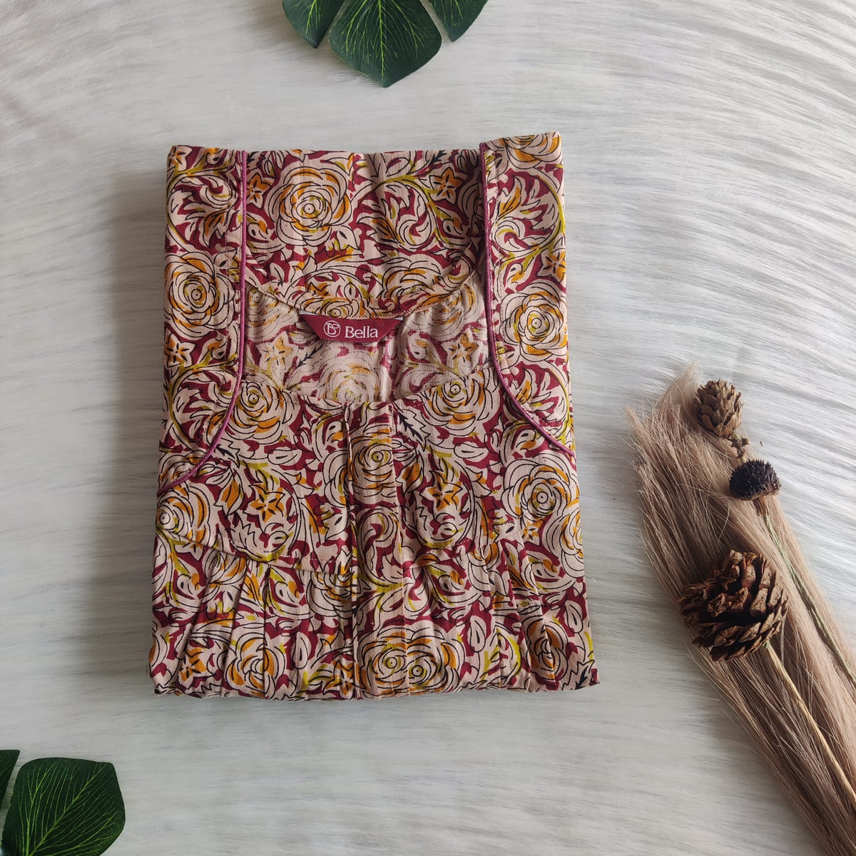 Maroon Floral Printed Beige Premium Cotton Pleated Zip Nighty | Free Size | Chest Width 44″| Length 54″-55″