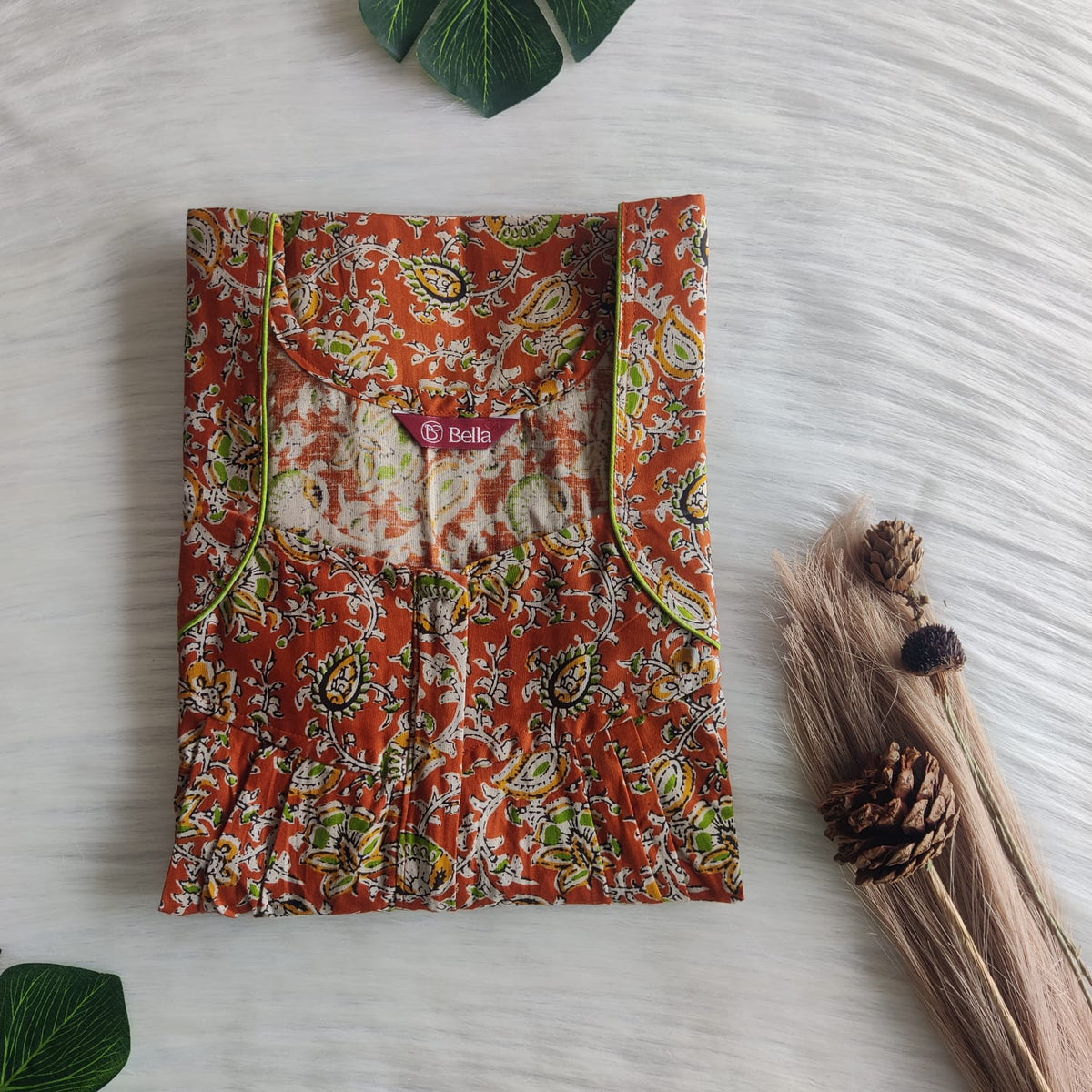 Green Printed Brown Premium Cotton Pleated Zip Nighty | Free Size | Chest Width 44″| Length 54″-55″