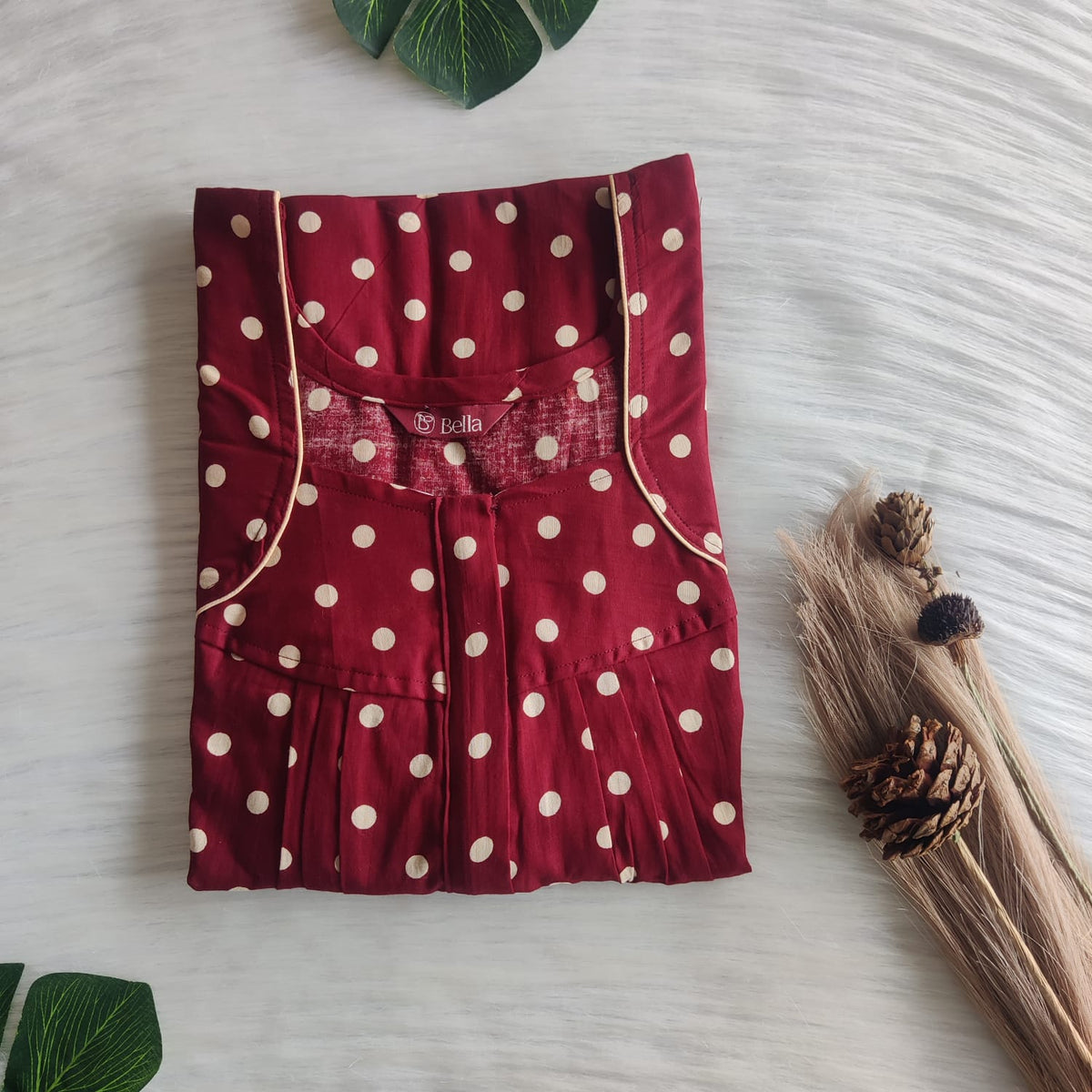 Maroon Dot Printed Gujari Cotton Pleated Zip Nighty | Chest Width 44″ | Length 54″-55″