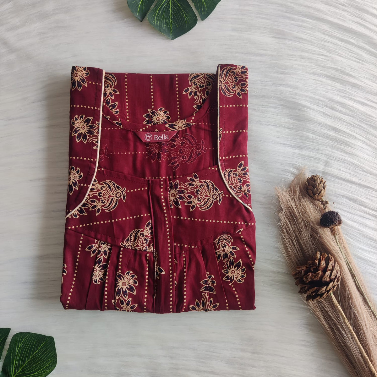 Black Floral Printed Maroon Gujari Cotton Pleated Zip Nighty | Chest Width 44″ | Length 54″-55″
