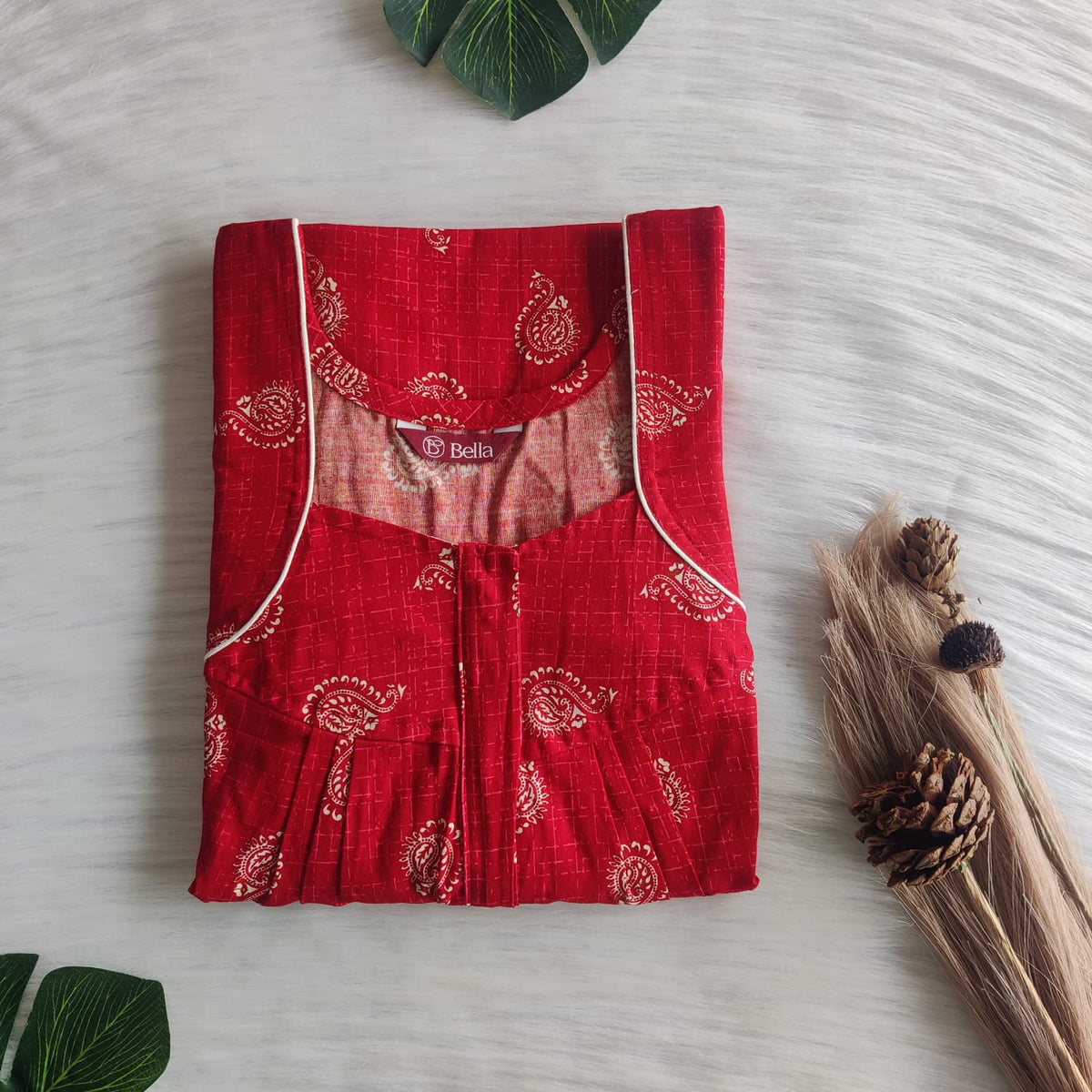 Cream Kalamkari Printed Red Gujari Cotton Pleated Zip Nighty | Chest Width 44″ | Length 54″-55″