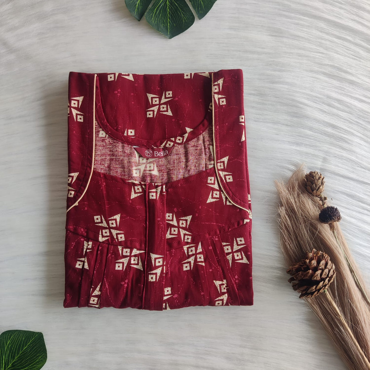 Cream Printed Maroon Gujari Cotton Pleated Zip Nighty | Chest Width 44″ | Length 54″-55″