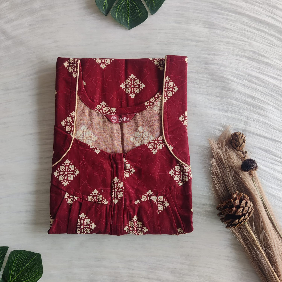 Cream Floral Printed Maroon Gujari Cotton Pleated Zip Nighty | Chest Width 44″ | Length 54″-55″