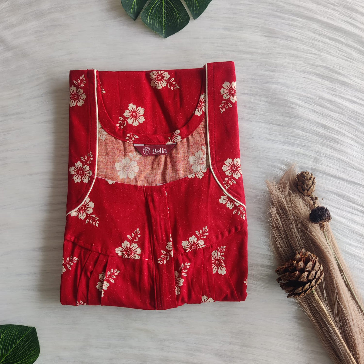 Cream Floral Printed Red Gujari Cotton Pleated Zip Nighty | Chest Width 44″ | Length 54″-55″
