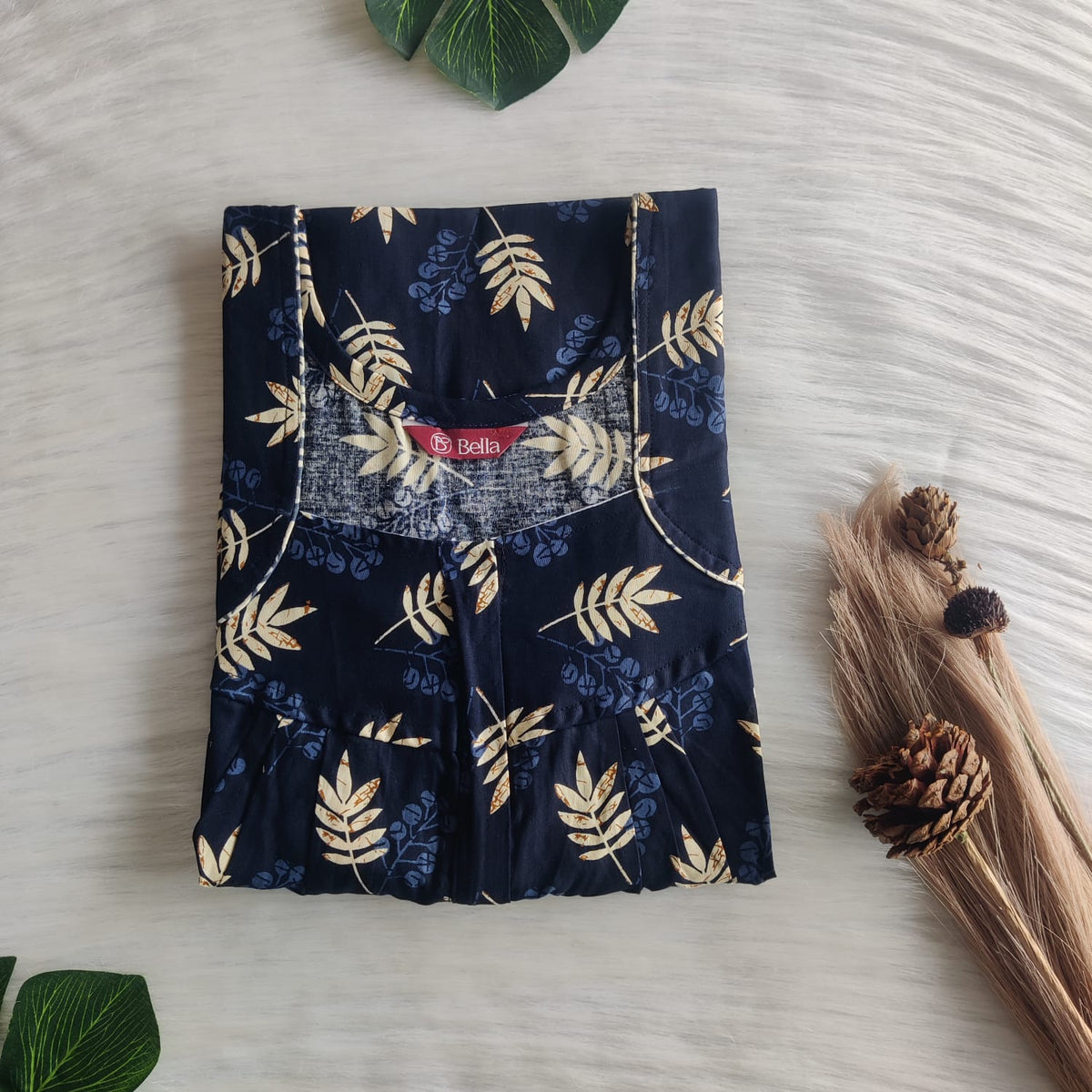 Cream Leaf Printed Navy Blue Gujari Cotton Pleated Zip Nighty | Chest Width 44″ | Length 54″-55″