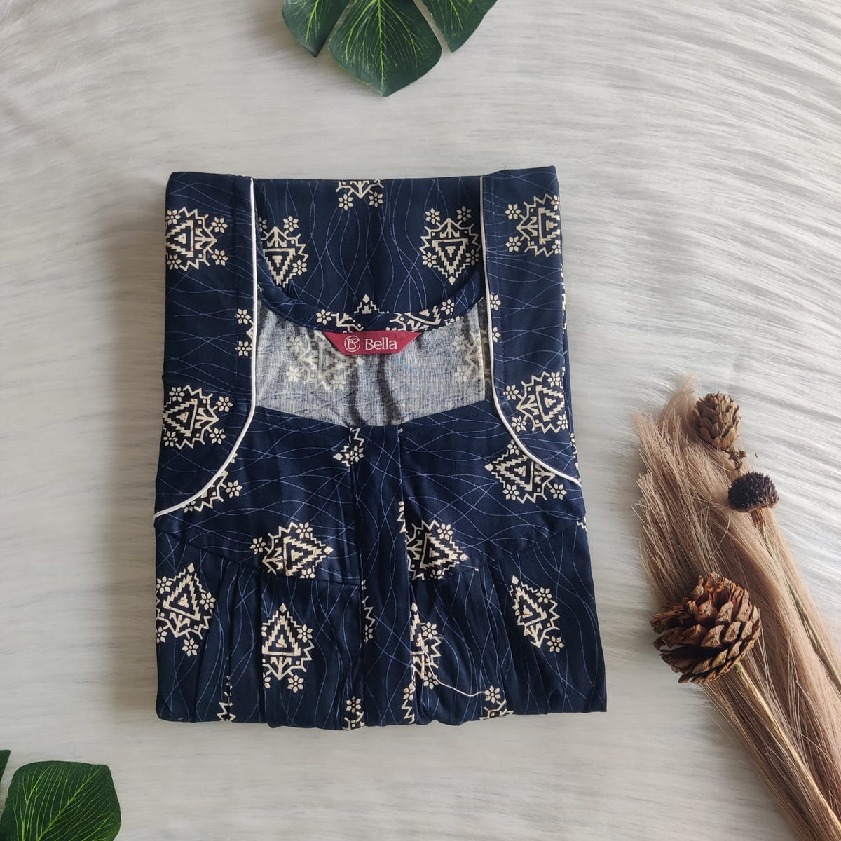 Cream Printed Navy Blue Gujari Cotton Pleated Zip Nighty | Chest Width 44″ | Length 54″-55″