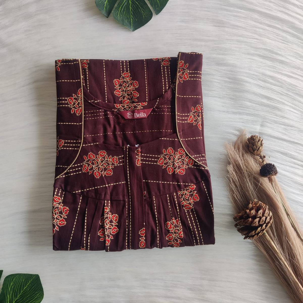 Red Floral Printed Coffee Brown Gujari Cotton Pleated Zip Nighty | Chest Width 44″ | Length 54″-55″