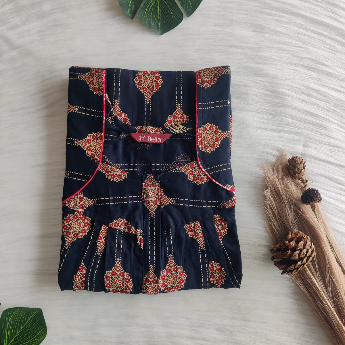 Red Printed Navy Blue Gujari Cotton Pleated Zip Nighty | Chest Width 44″ | Length 54″-55″