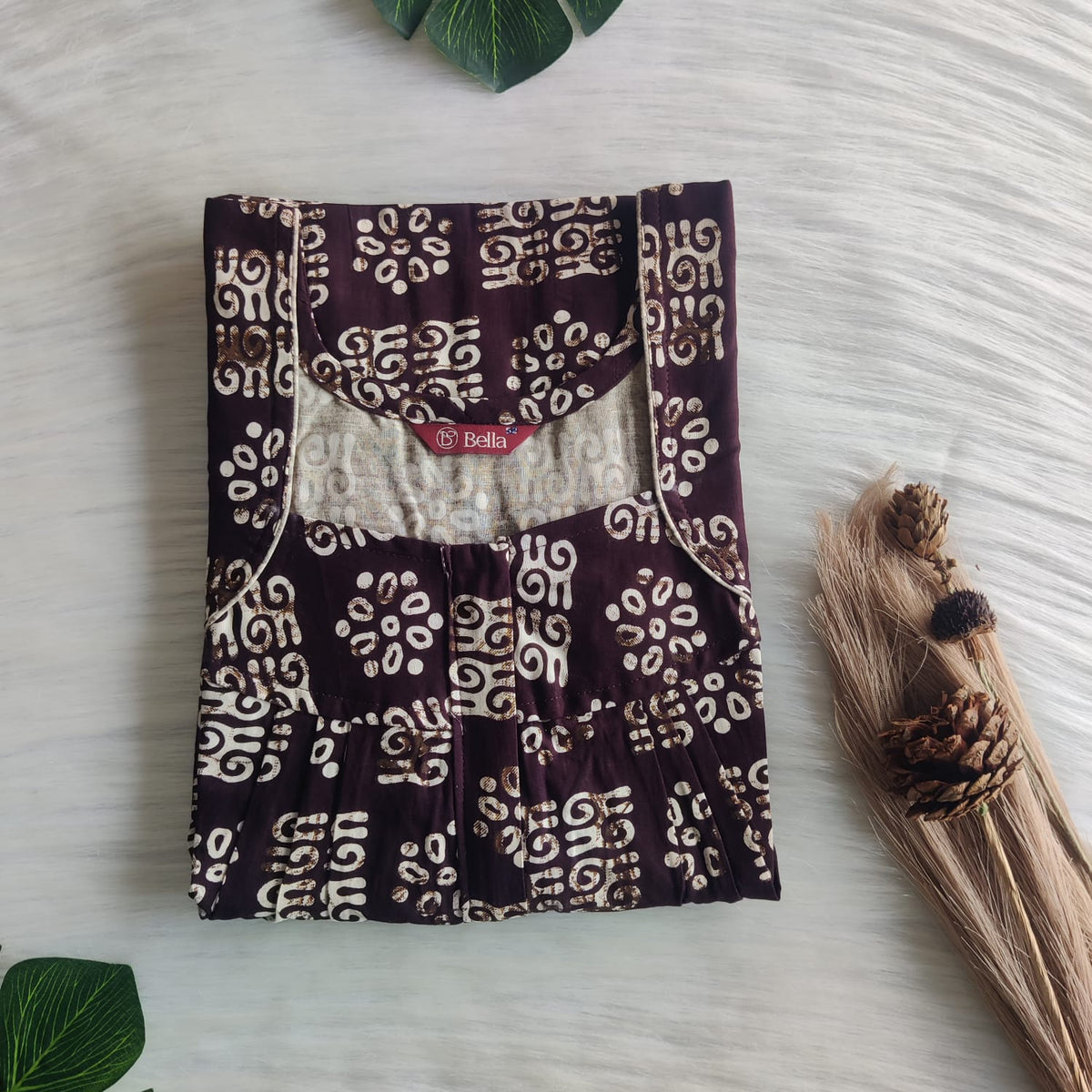 Cream Printed Coffee Brown Gujari Cotton Pleated Zip Nighty | Chest Width 44″ | Length 54″-55″