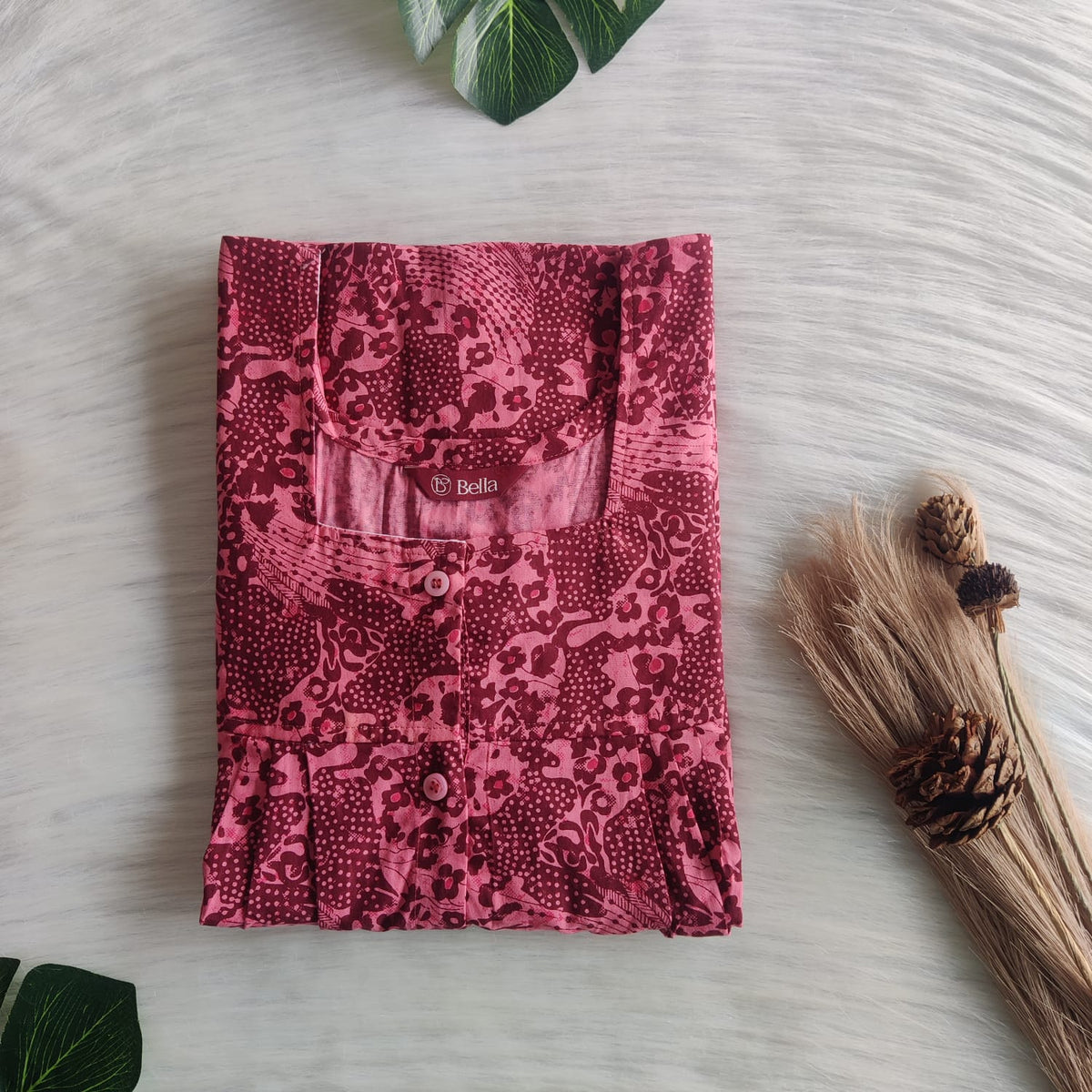 Peach And Maroon Printed Premium Cotton Full Open Labour Room Nighty | Free Size | Chest Width 44"| Length 54"-56"