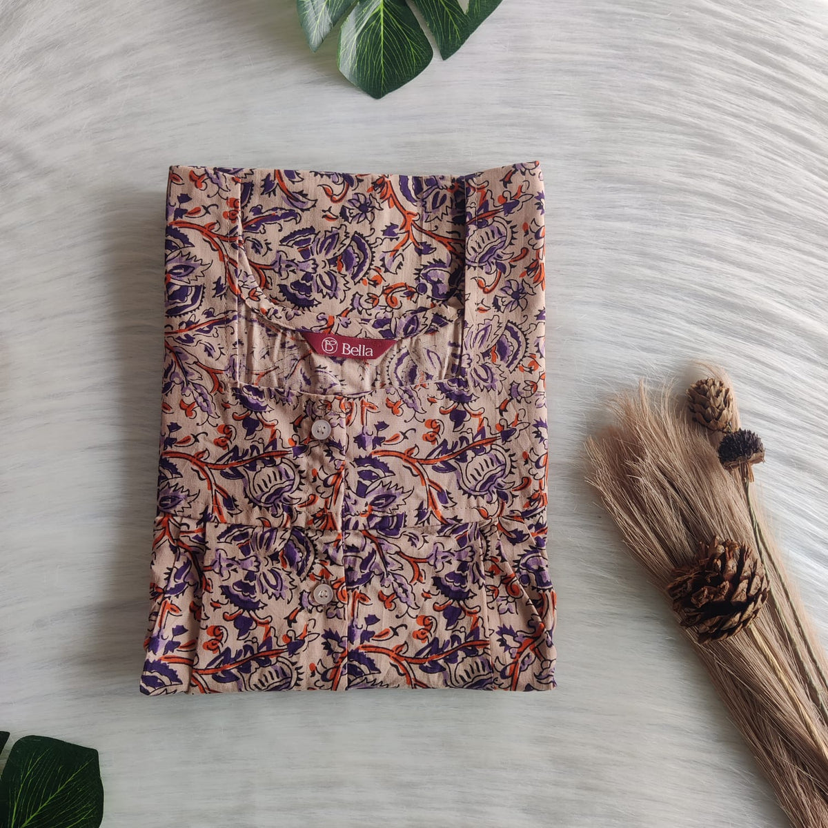 Purple Printed Beige Premium Cotton Full Open Labour Room Nighty | Free Size | Chest Width 44"| Length 54"-56"