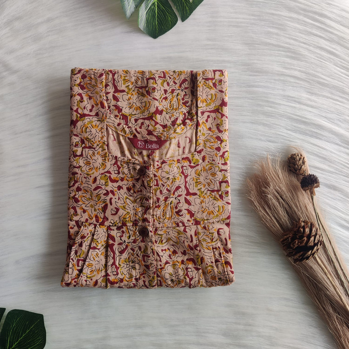 Maroon Printed Beige Premium Cotton Full Open Labour Room Nighty | Free Size | Chest Width 44"| Length 54"-56"