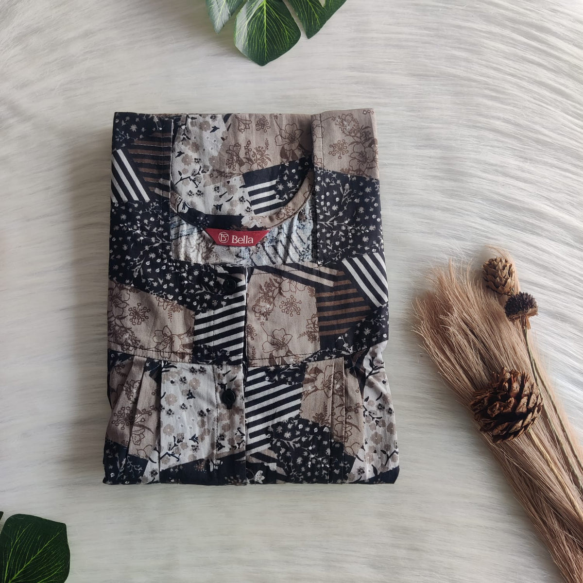 Black And Grey Printed Premium Cotton Full Open Labour Room Nighty | Free Size | Chest Width 44"| Length 54"-56"