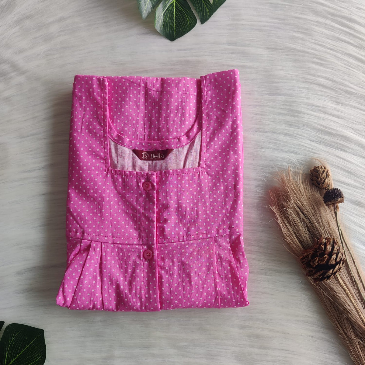 Pink Dot Printed Premium Cotton Full Open Labour Room Nighty | Free Size | Chest Width 44"| Length 54"-56"