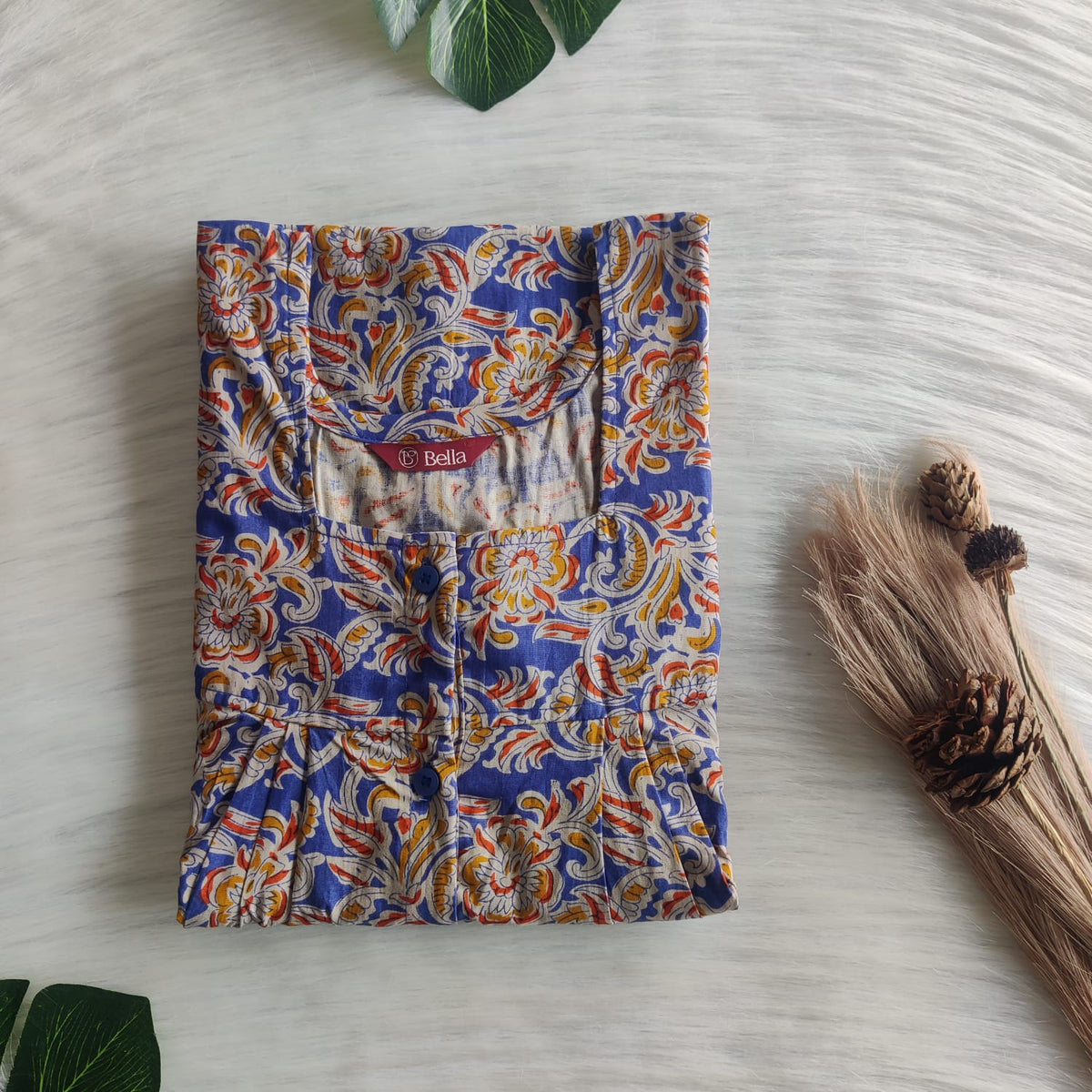 Yellow Floral Printed Blue Premium Cotton Full Open Labour Room Nighty | Free Size | Chest Width 44"| Length 54"-56"