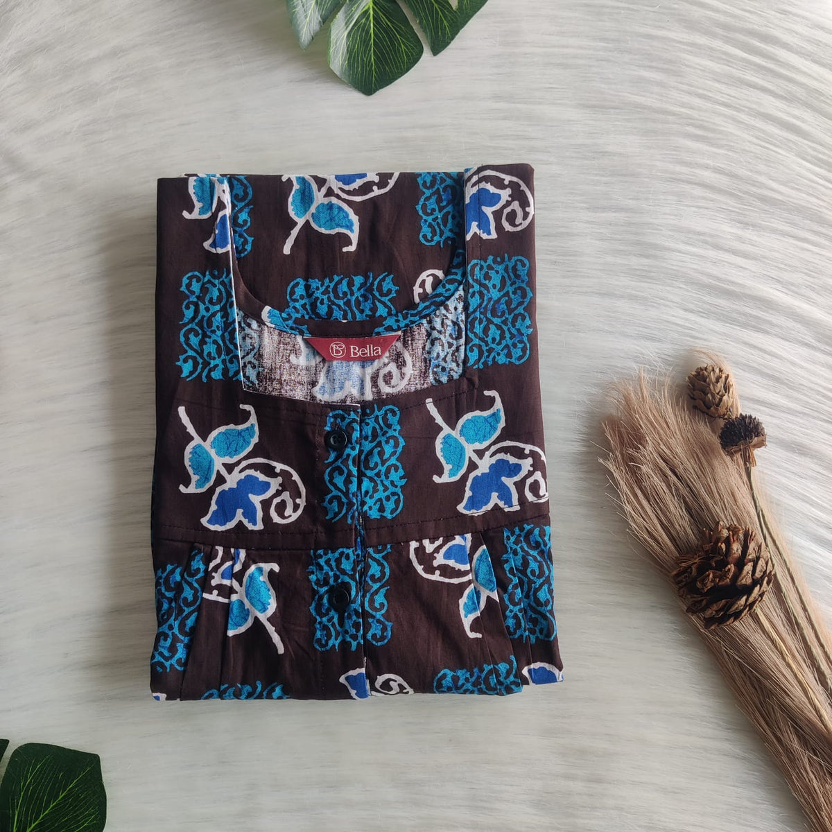 Blue Printed Coffee Brown Premium Cotton Full Open Labour Room Nighty | Free Size | Chest Width 44"| Length 54"-56"