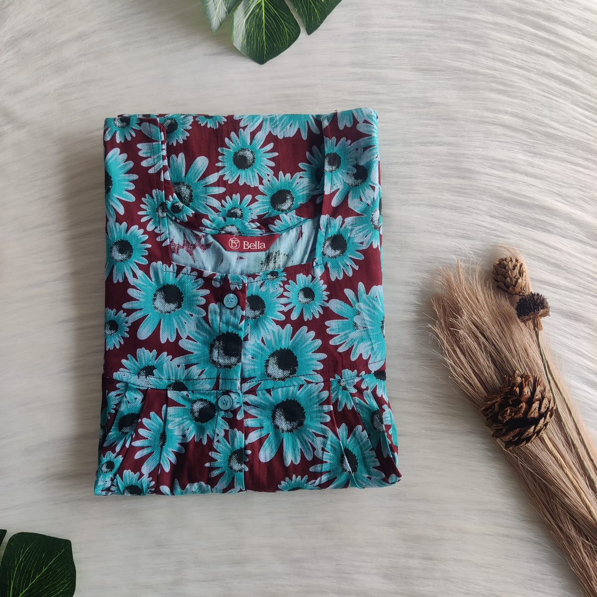 Green Floral Printed Maroon Premium Cotton Full Open Labour Room Nighty | Free Size | Chest Width 44"| Length 54"-56"