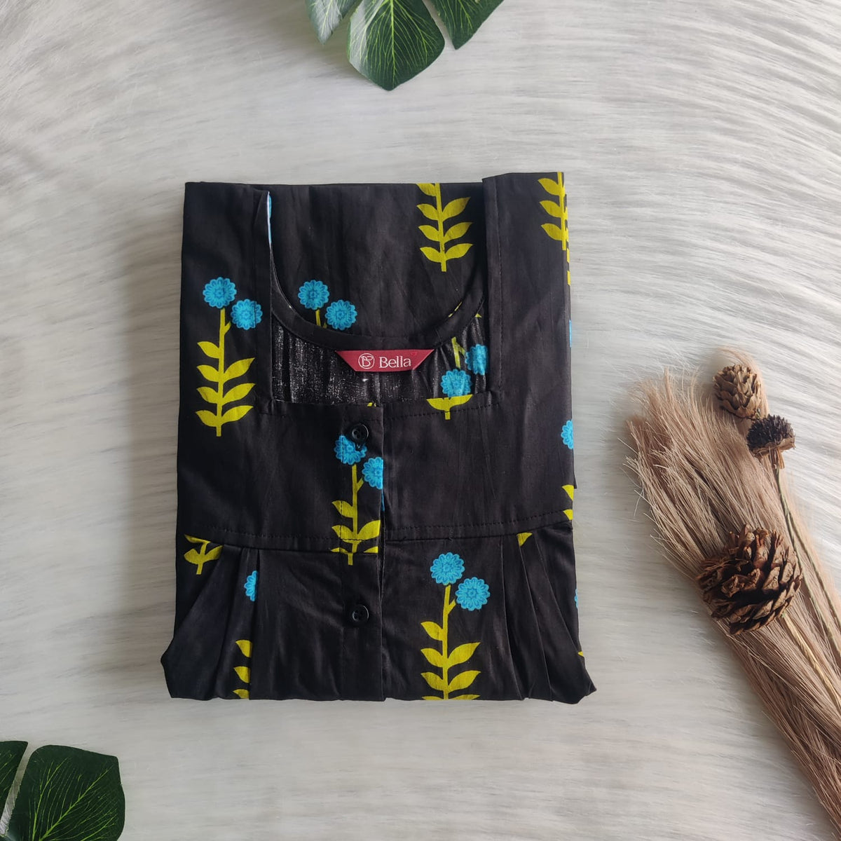 Blue Floral Printed Black Premium Cotton Full Open Labour Room Nighty | Free Size | Chest Width 44"| Length 54"-56"