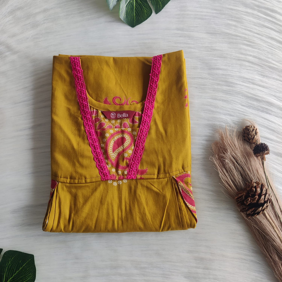 Pink Kalamkari Printed Mustard Yellow Pure Cotton Two Side Vertical Lace Zip Feeding Nighty | Free Size | Chest Width 44″| Length 56″