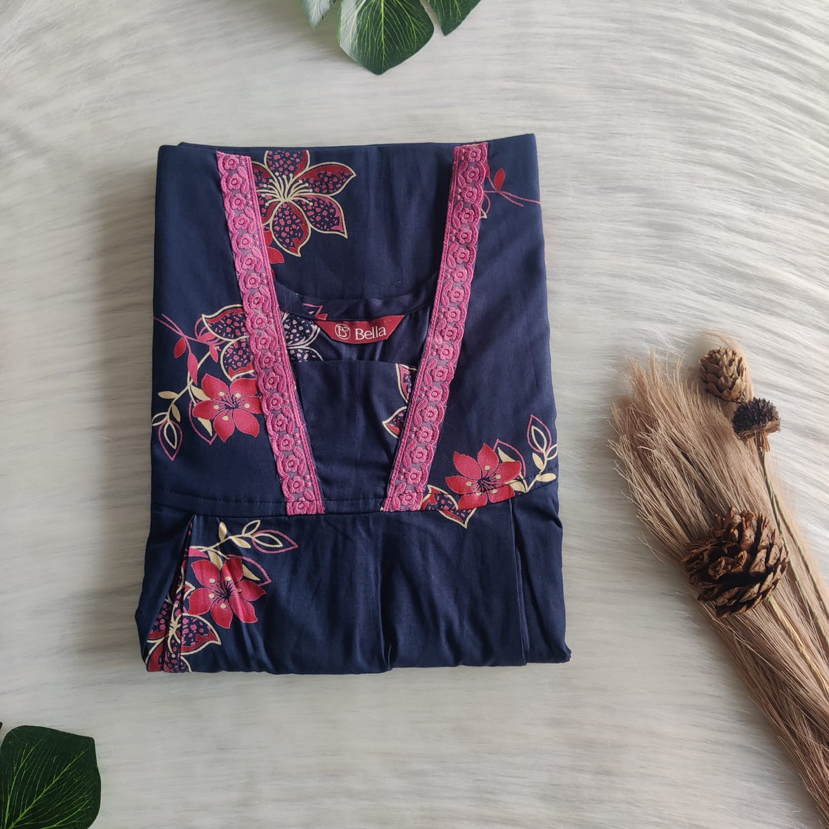 Pink Floral Printed Navy Blue Pure Cotton Plus Size Two Side Vertical Lace Zip Feeding Nighty | Chest Width 50″| Length 56″