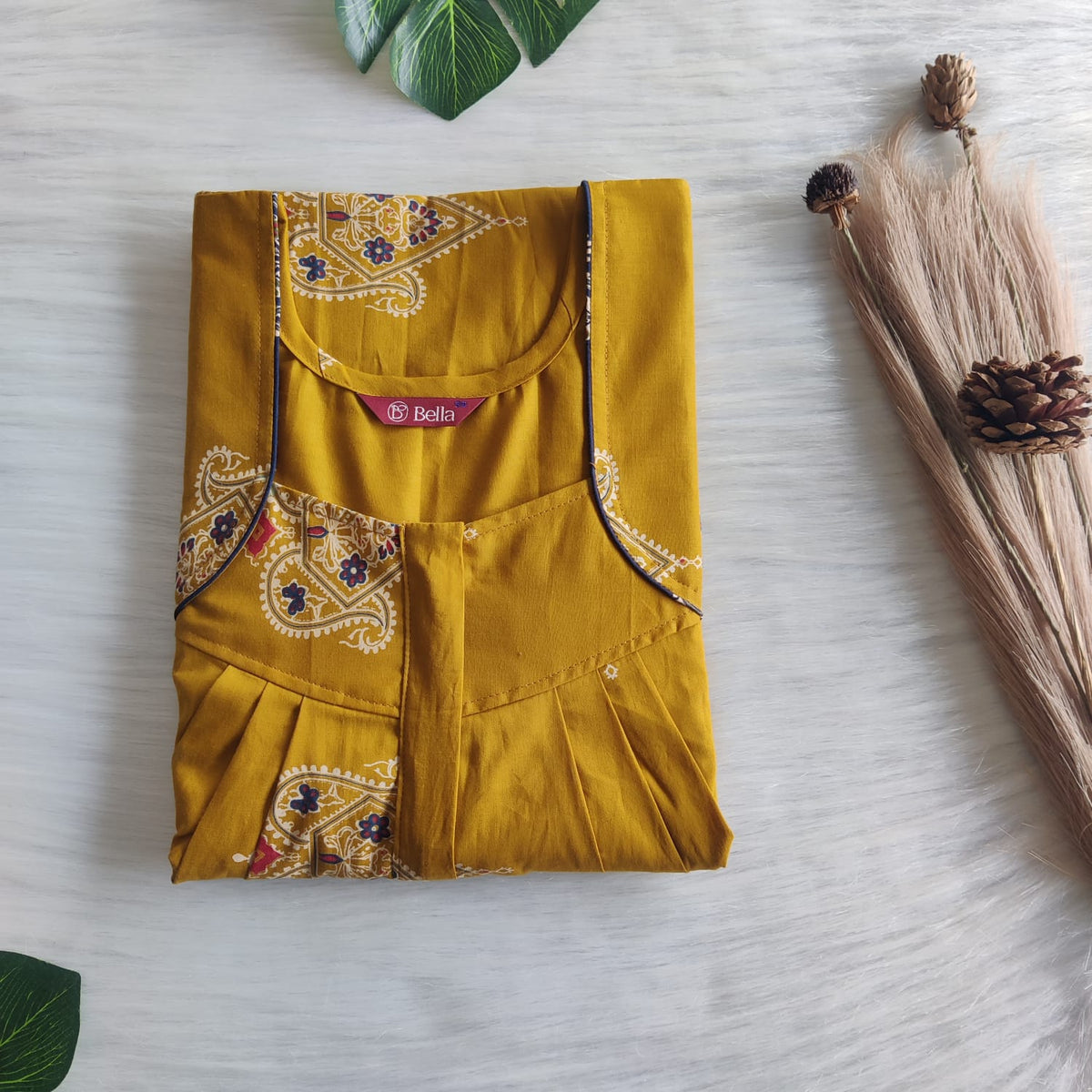 Mustard Yellow Printed Pure Cotton Pleated Zip Nighty | Free Size | Chest Width 44″| Length 54″-55″
