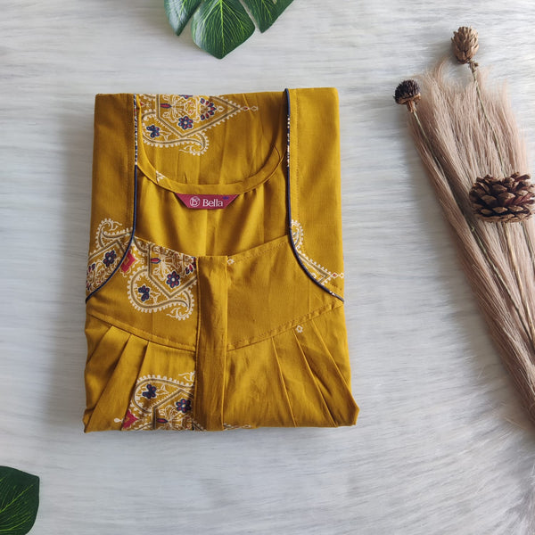 Mustard Yellow Printed Pure Cotton Pleated Zip Nighty | Free Size | Chest Width 44″| Length 54″-55″