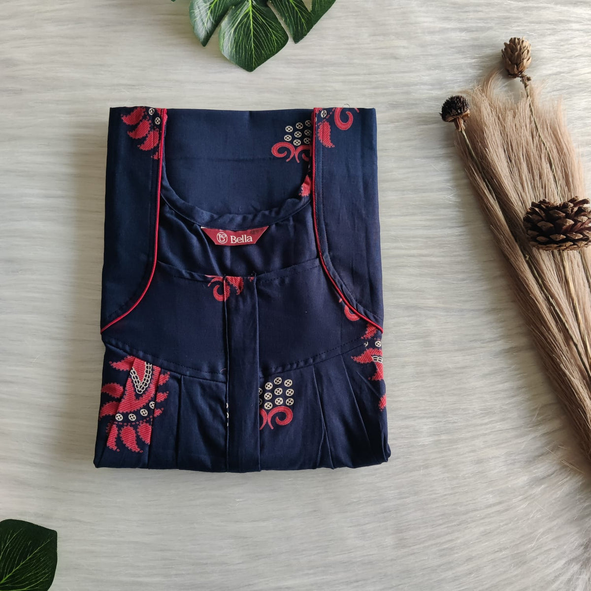 Navy Blue Printed Pure Cotton Pleated Zip Nighty | Free Size | Chest Width 44″| Length 54″-55″