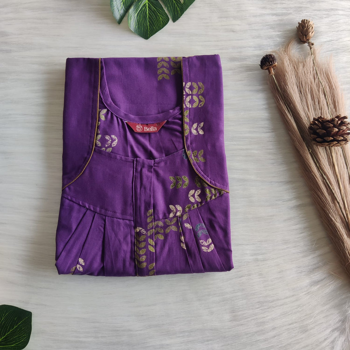 Violet Printed Pure Cotton Pleated Zip Nighty | Free Size | Chest Width 44″| Length 54″-55″