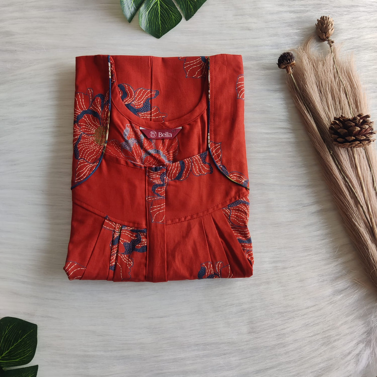 Rust Orange Printed Pure Cotton Pleated Zip Nighty | Free Size | Chest Width 44″| Length 54″-55″