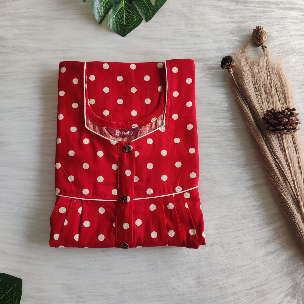Red Dot Printed Gujari Cotton Button Zip Nighty | Free Size | Chest Width 44″| Length 55″-56″