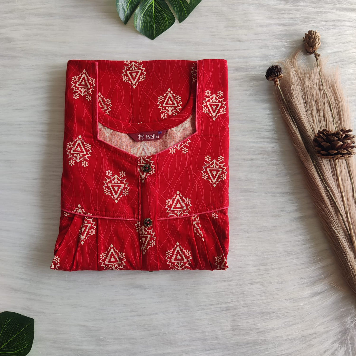 Cream Printed Red Gujari Cotton Button Zip Nighty | Free Size | Chest Width 44″| Length 55″-56″