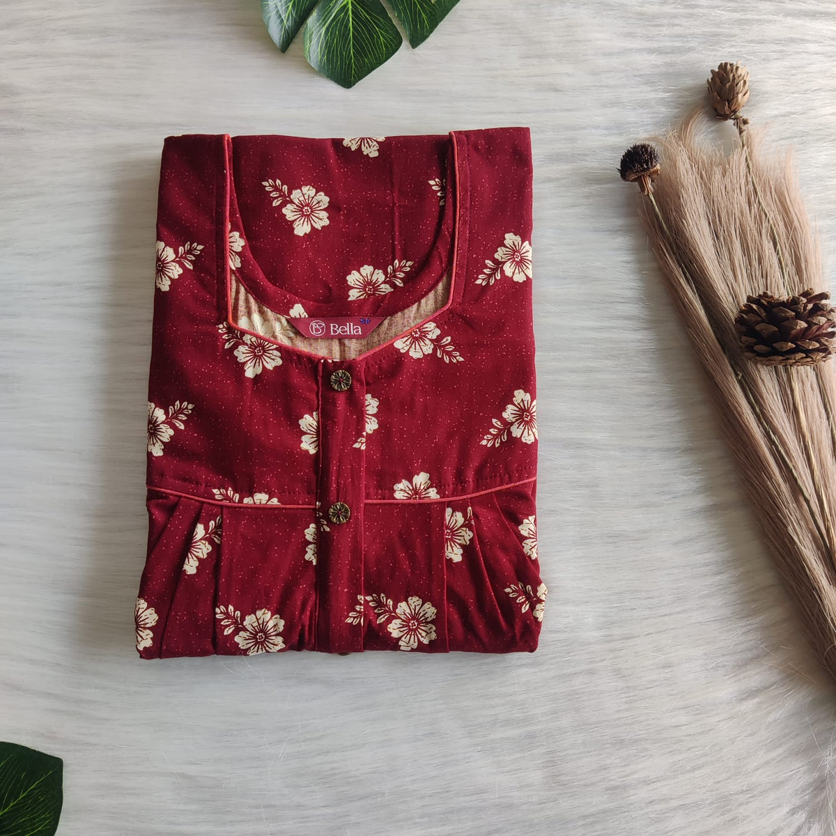 Cream Floral Printed Maroon Gujari Cotton Button Zip Nighty | Free Size | Chest Width 44″| Length 55″-56″