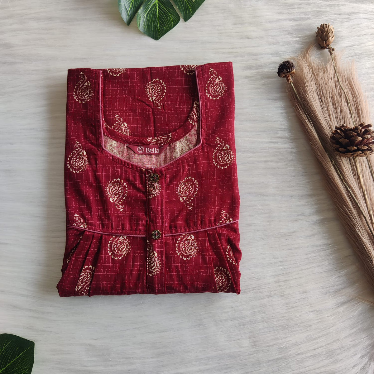 Cream Kalamkari Printed Maroon Gujari Cotton Button Zip Nighty | Free Size | Chest Width 44″| Length 55″-56″