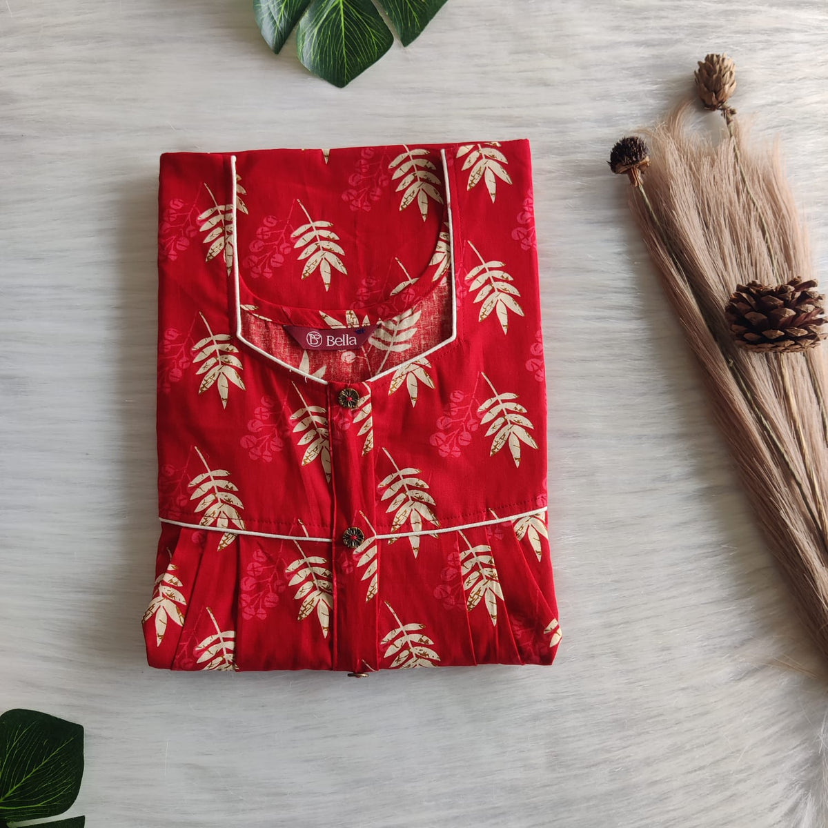 Cream Leaf Printed Red Gujari Cotton Button Zip Nighty | Free Size | Chest Width 44″| Length 55″-56″