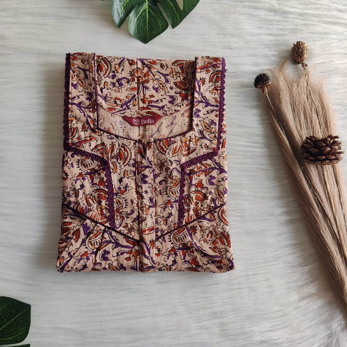 Violet Printed Beige Premium Cotton Long Zip Lace Feeding Nighty | Free Size | Chest Width 44″| Length 56″
