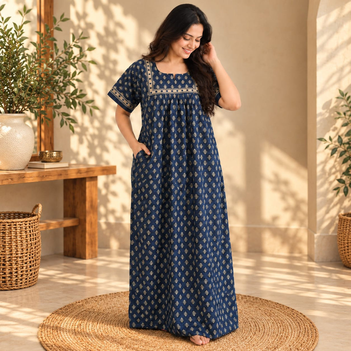 Cream Printed Navy Blue Jaipur Cotton No Zip Pleated Nighty | Free Size | Chest Width 44″| Length 56″