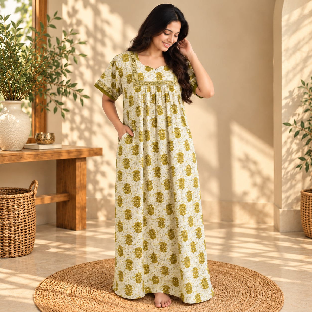 Green Floral Printed White Jaipur Cotton Plus Size No Zip Pleated Nighty | Chest Width 50″| Length 56″