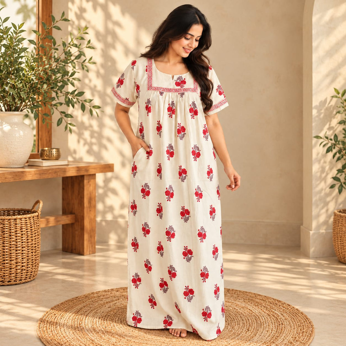 Red Floral Printed Ivory Jaipur Cotton No Zip Pleated Nighty | Free Size | Chest Width 44″| Length 56″