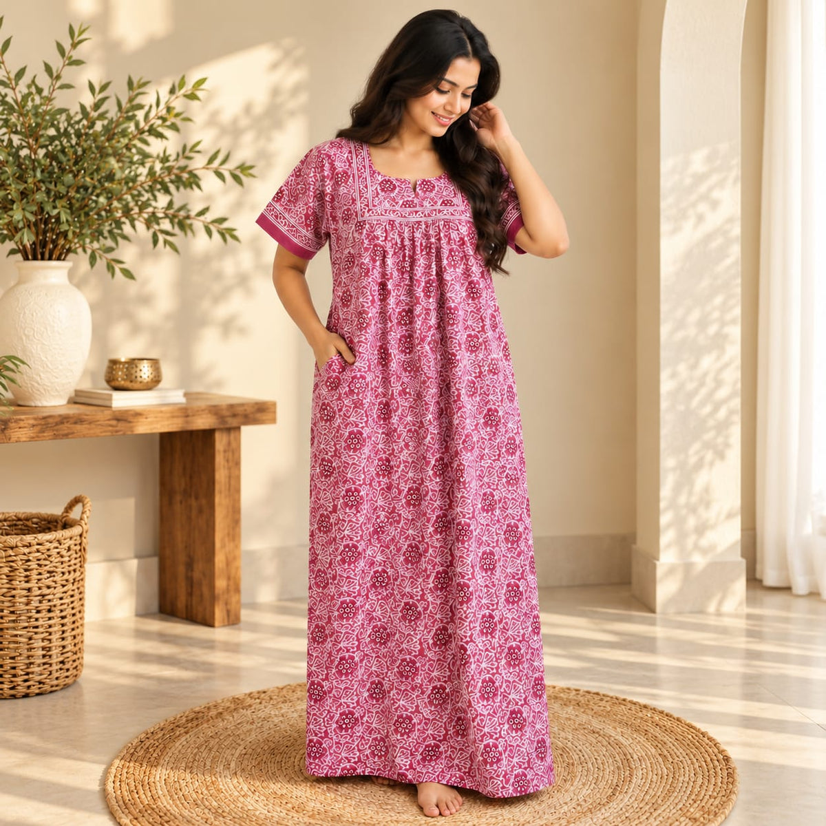 Mauve Floral Printed Jaipur Cotton Plus Size No Zip Pleated Nighty | Chest Width 50″| Length 56″
