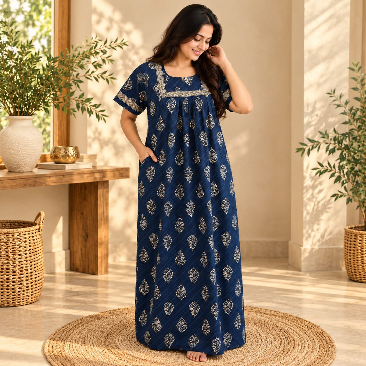 Cream Kalamkari Printed Navy Blue Jaipur Cotton Plus Size No Zip Pleated Nighty | Chest Width 50″| Length 56″