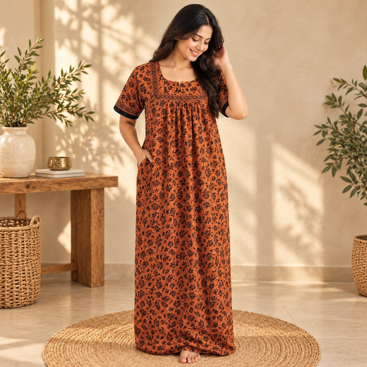 Burned Orange Floral Printed Jaipur Cotton Plus Size No Zip Pleated Nighty | Chest Width 50″| Length 56″