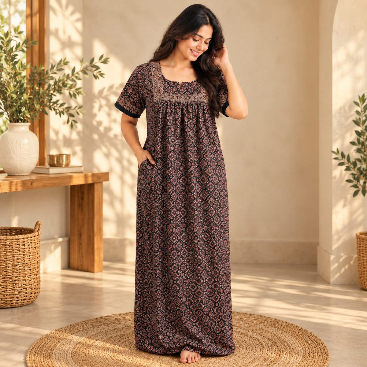 Maroon Floral Printed Black Jaipur Cotton No Zip Pleated Nighty | Free Size | Chest Width 44″| Length 56″