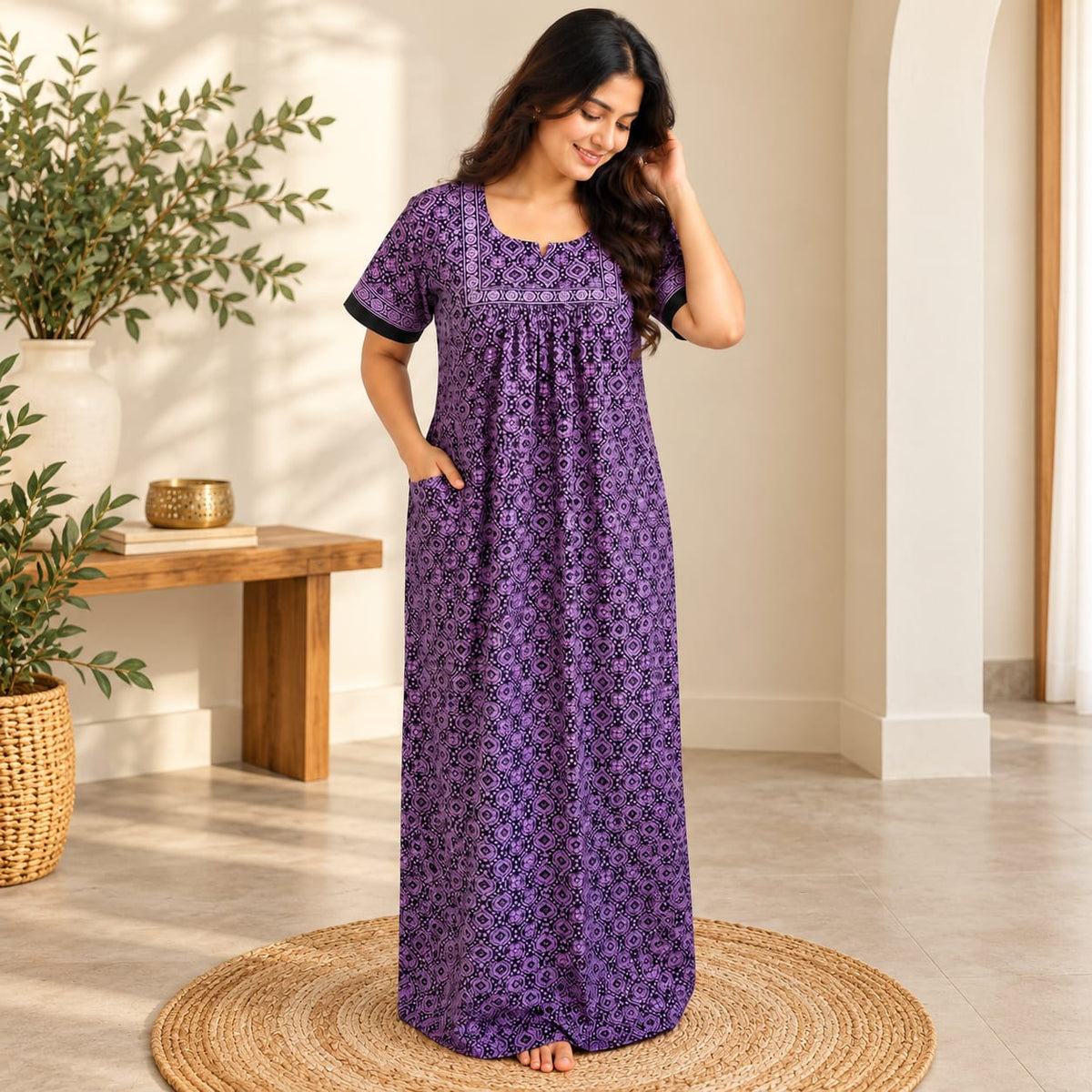 Purple Printed Black Jaipur Cotton No Zip Pleated Nighty | Free Size | Chest Width 44″| Length 56″
